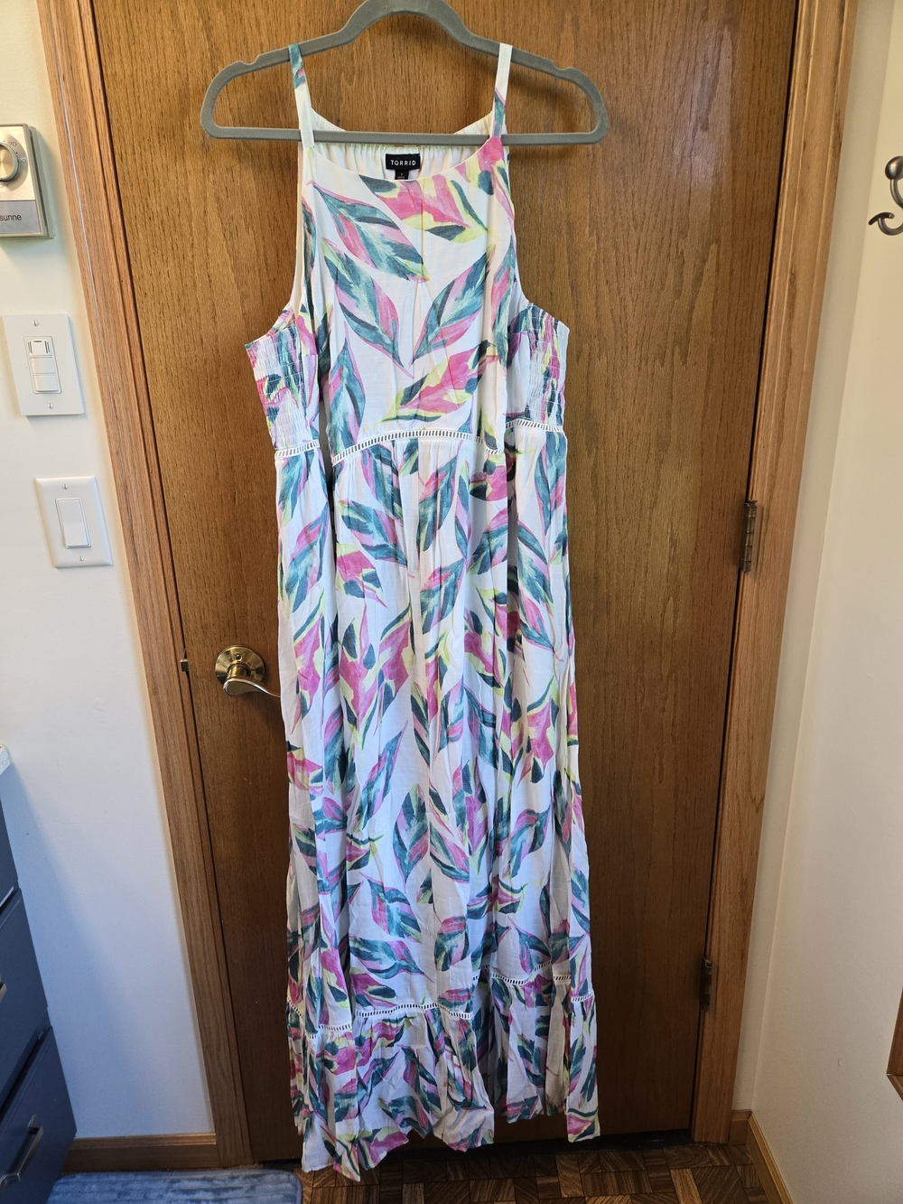 Torrid White Floral Maxi Dress with Pink & Teal Leaf Print